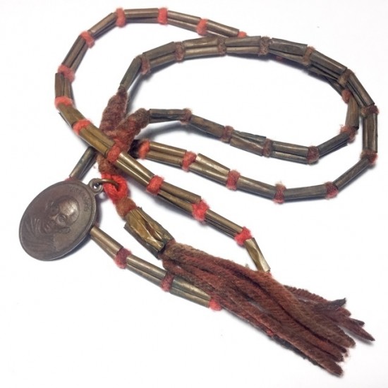 Takrut Sangwal 108 Dtid Rian Roop Muean 2508 BE Takrut Rosary Necklace with Monk Coin Takrut Sangwal 108 Dtid Rian Roop Muean 2508 BE Takrut Rosary Necklace with Monk Coin
